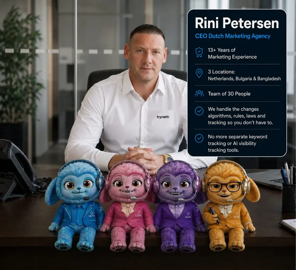 Rini Petersen, Founder of Tryneth, with the Neth, Lisa, Nova and Bob AI agent mascots